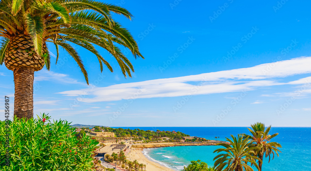 Sea coast in Tarragona, Catalonia, Spain, South Europe. Beach and sea