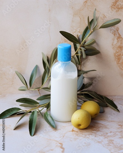 Summer cosmetic still life scene. Oil, shampoo or cream bottle mockup with blue cap. Olive tree branches, Mediterranean beauty, spa concept