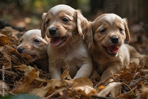 Puppy, Adorable three dog playing in pile of leaf (Ai generated)