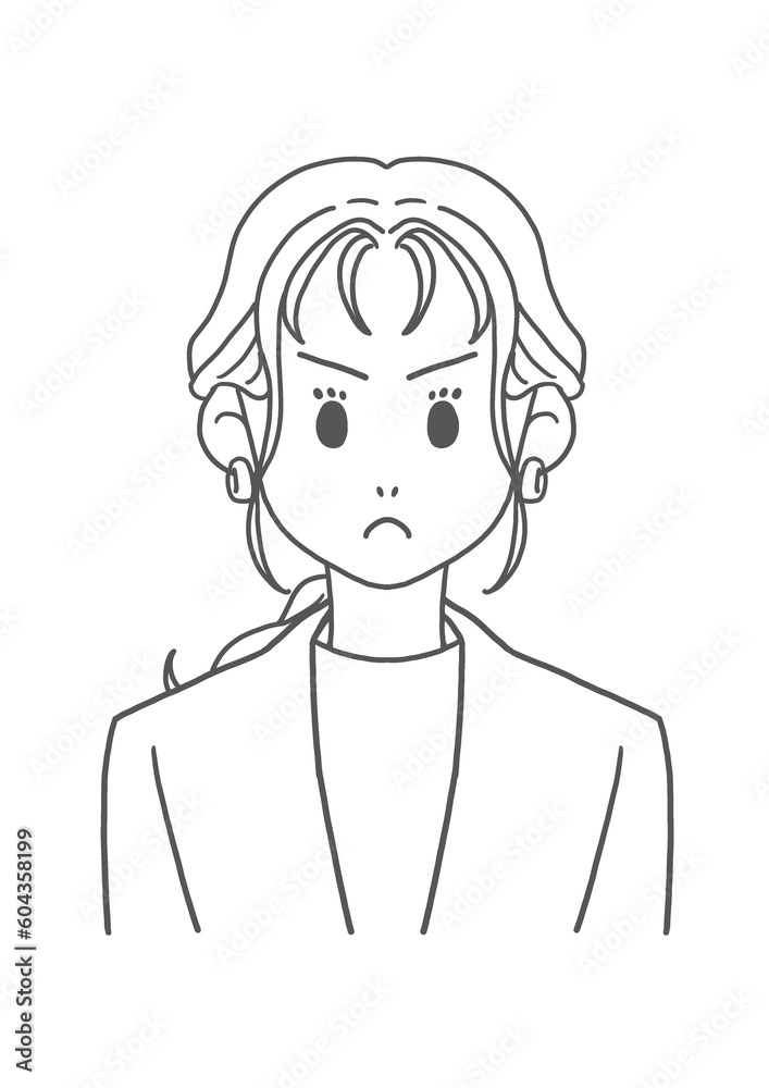 ノーカラージャケットの怒る女性(線画) ノーカラージャケットの怒る女性(線画)
