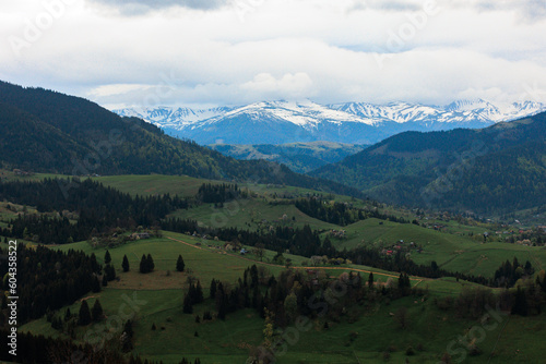 Mountain peaks in the snow in summer. Panorama of the countryside against the background of snow-capped mountains. mountain landscape, the tops of the mountains are covered with snow