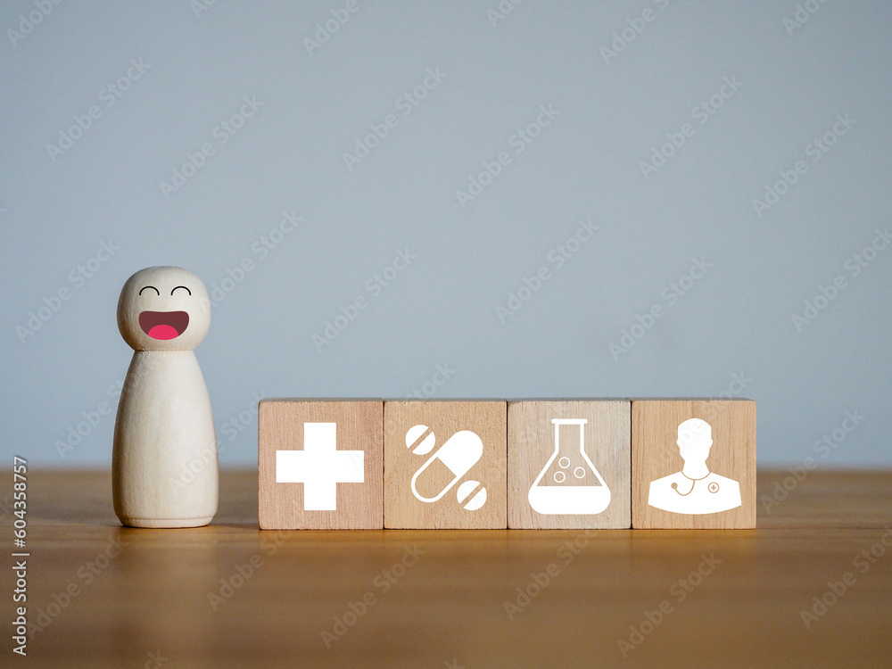 Health insurance plan, wooden cube with health medical icons to future