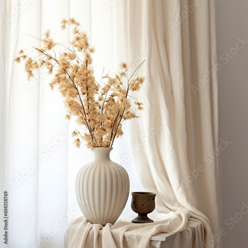 A cream white vase containing dried flowers