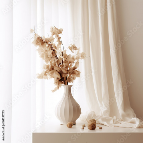 A cream white vase containing dried flowers