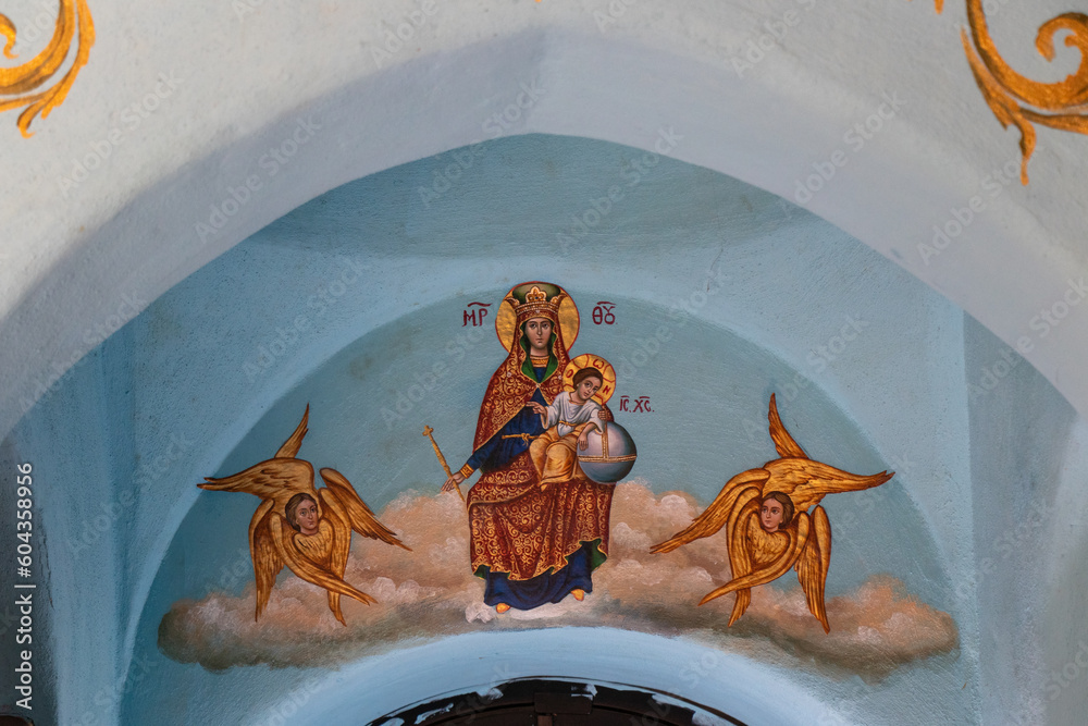 Paintings inside of Birth place of Virgin Mary in old city of Jerusalem. Jerusalem, Israel: April, 2022