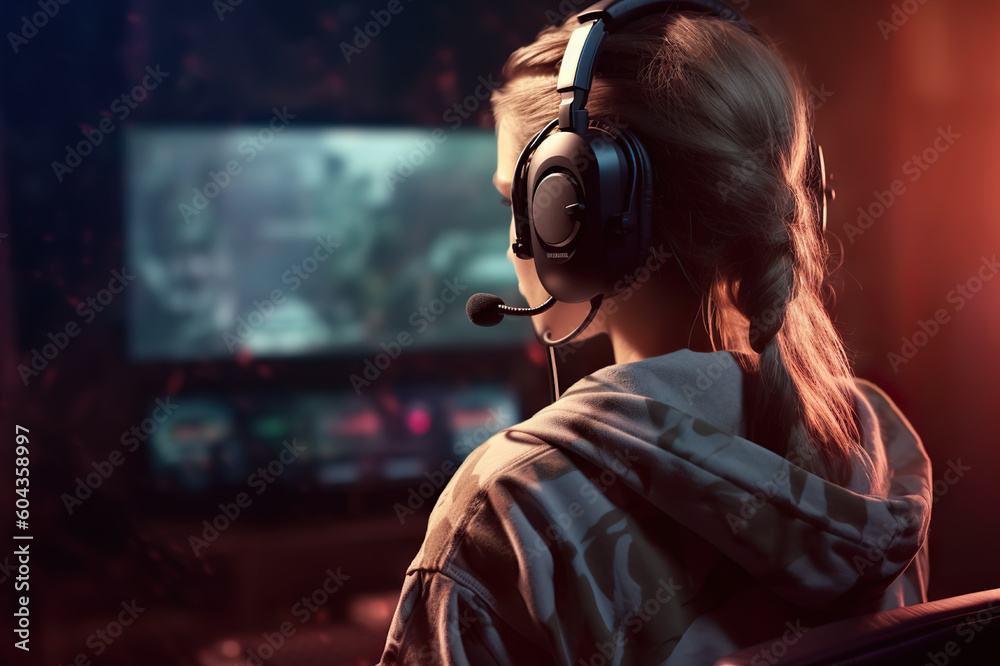 Woman Immersed in Esports, Wearing Headphones, and Engrossed in Gameplay on Screen Monitor. created with Generative AI