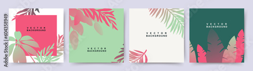 Abstract botanical trendy backgrounds with tropical leaves in green and pink colors. Editable vector templates for card, banner, invitation, social media post, poster, mobile app, web ads, flyer