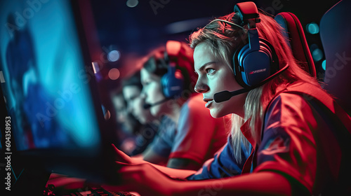 Woman Immersed in Esports, Wearing Headphones, and Engrossed in Gameplay on Screen Monitor. created with Generative AI © photobuay