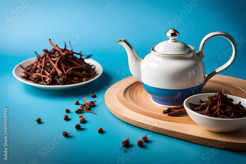 dried cloves, herbs and teapot isolated on blue background