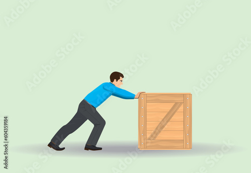 Physics, chemistry. Man pushing a heavy wooden container. Vector illustration