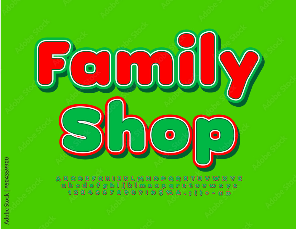 Vector business Sign Family Shop. Green and Red bright Font. Modern Alphabet Letters and Numbers set Vector business Sign Family Shop. Green and Red bright Font. Modern Alphabet Letters and Numbers set