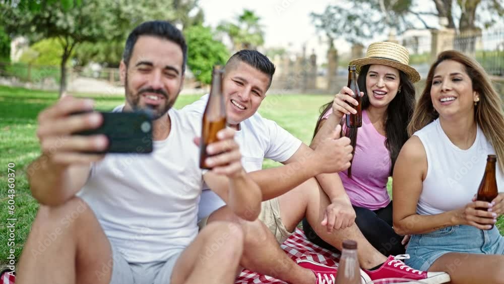 Group of people doing video call having picnic at park Group of people doing video call having picnic at park