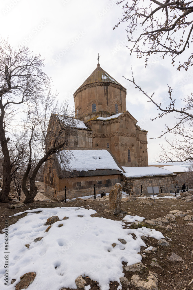 Eastern side of medieval Armenian Cathedral of Holy Cross  its bas reliefs, Akdamar island, Van Lake, Gevaş Turkey. Church is richly decorated by bas reliefs. It was built in 921 as church for king.