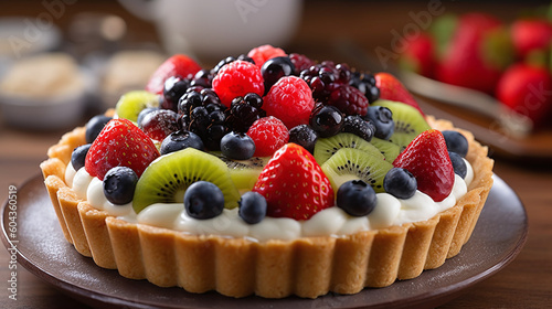 A beautifully arranged tart filled with a creamy custard and topped with fresh, vibrant fruits like strawberries, blueberries, and kiwi with whipped cream