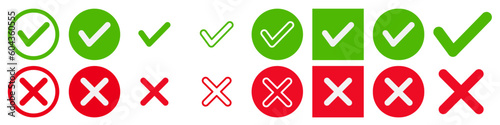 Set of green approval check mark and red cross icons in circle, square, flat checkmark approval badge, isolated tick symbols on transperancy background