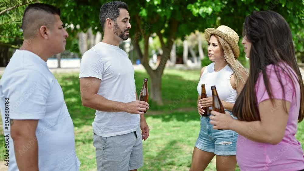 Group of people having party toasting with bottle of beer at park Group of people having party toasting with bottle of beer at park
