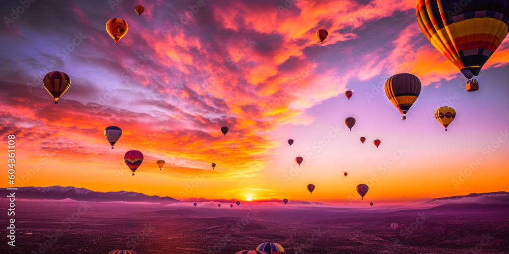 Naklejka premium Captivating aerial shot of hot air balloons amid vibrant sunrise; warm hues of orange, rose, and purple sweep the sky, delivering a dreamy, awe-inspiring atmosphere. Generative AI