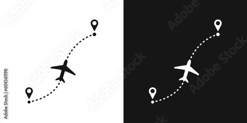 Airplane route vector sign. Flying plane and path, aircraft flight path