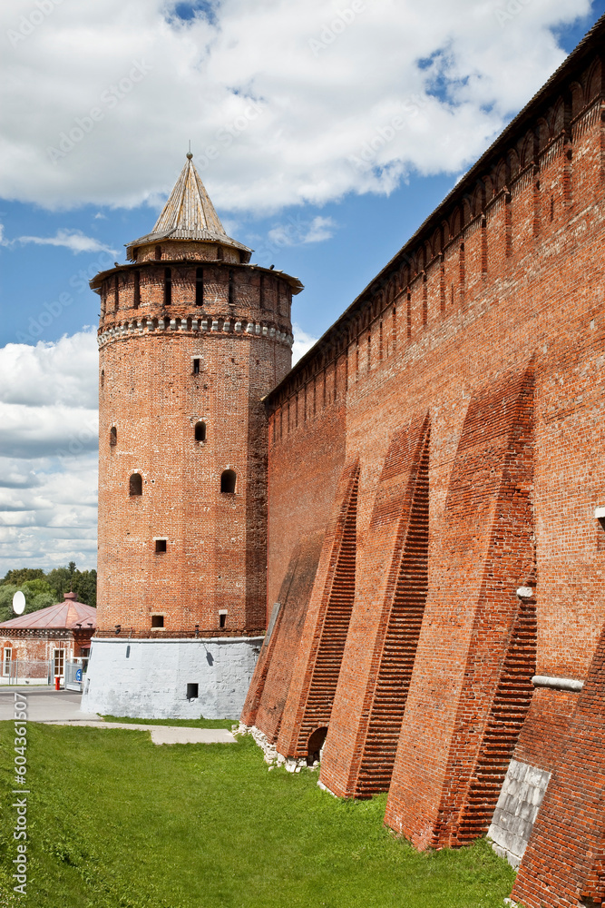 View of the Kolomna Kremlin with a tower and a fortress wall - one of the largest and most powerful fortresses of its time, which was built in 1525-1531. Kolomna, Moscow region, Russia