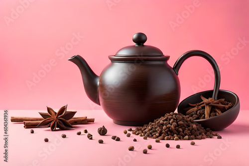 dried cloves, cinnamon and teapot isolated on pink background