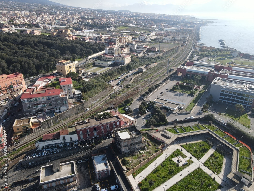 Fototapeta premium Portici rises on the slopes of the western slope of Vesuvius and occupies a small portion of the territory along the coast of the Gulf of Naples