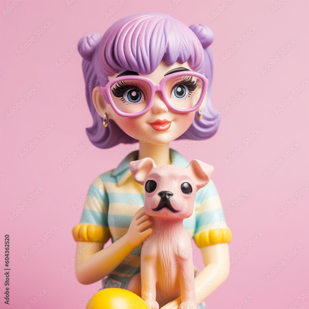 Adorable Little Character of Girl with Light Purple Hair with Dog. Generative ai