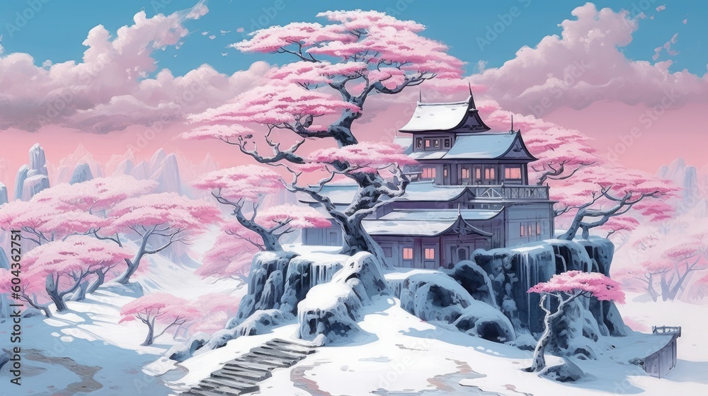 a pink house with many pink trees in the snow Generative Ai