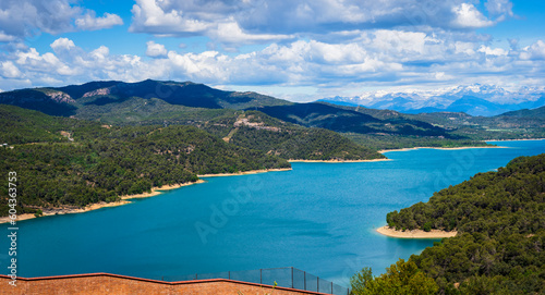 Sanctuary of Torreciudad, view towards the reservoir of El Grado, Spain