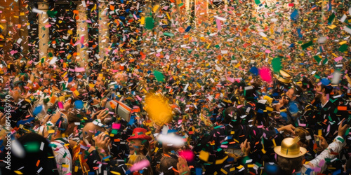 Stunning confetti rain at Carnevale di Venezia, capturing vibrant colors & anonymous celebratory crowd in Venice, Italy - an emotional blend of festivity & mystery. Generative AI