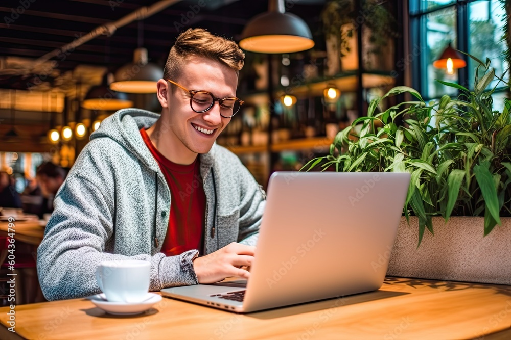 Cheerful and contented young Caucasian man sitting at desk and using laptop with a smile appears to be engaged and focused on his work. Generative AI Cheerful and contented young Caucasian man sitting at desk and using laptop with a smile appears to be engaged and focused on his work. Generative AI