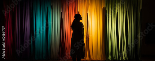 Captivating image of a person's silhouette against an iridescent curtain, gently flowing with the breeze, creating a magical atmosphere and stirring emotions. Generative AI