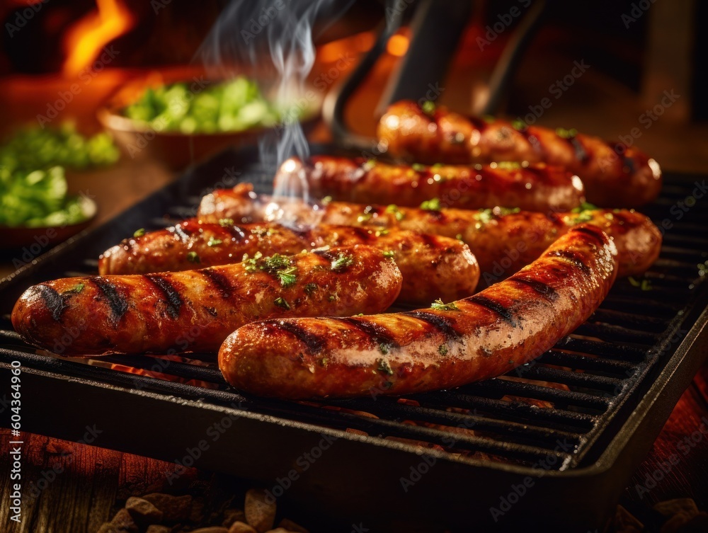 Grilled sausages food grilling. Generative AI Grilled sausages food grilling. Generative AI