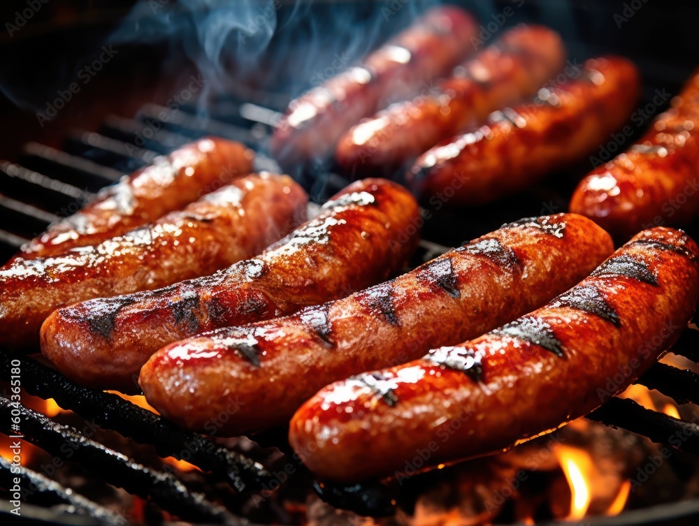 Grilled sausages food grilling. Generative AI Grilled sausages food grilling. Generative AI
