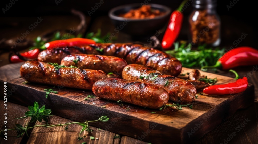 Grilled sausages food grilling. Generative AI