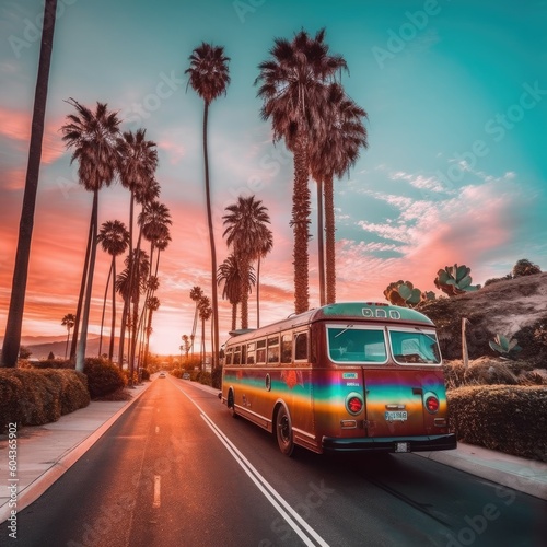 bus driving with palm trees and sunset Generative Ai © AntThyVo
