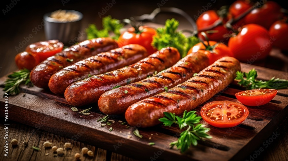 Grilled sausages food grilling. Generative AI Grilled sausages food grilling. Generative AI