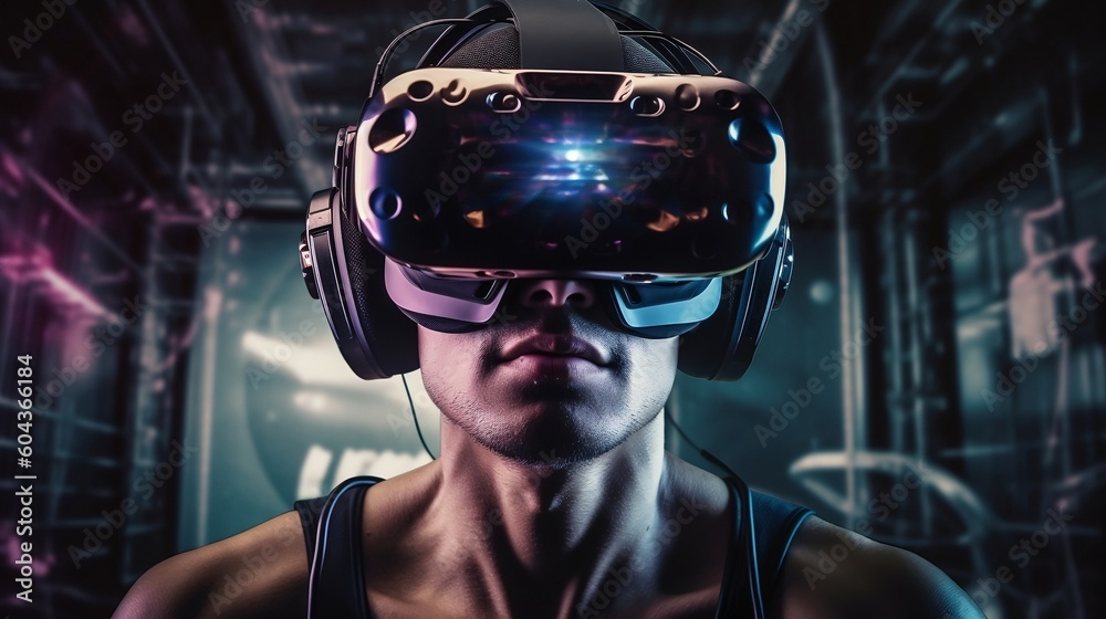 Man with virtual reality glasses, Augmented reality, future technology concept. VR, casual outfit, Generated IA Man with virtual reality glasses, Augmented reality, future technology concept. VR, casual outfit, Generated IA
