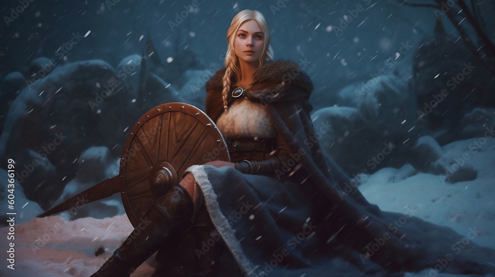 Beautiful female viking woman warrior, Portrait of a beautiful warrior woman holding a sword wearing steel cuirass and fur, Fantasy fashion, Generated IA