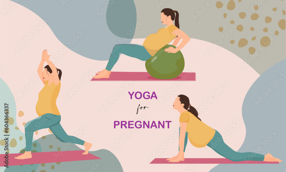Yoga for pregnant woman. three pregnant women doing yoga. card, poster. background with abstract shapes. Yoga for pregnant woman. three pregnant women doing yoga. card, poster. background with abstract shapes.