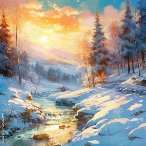 watercolor winter landscape mountain Generative Ai © Antoine