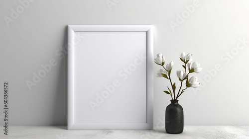 Blank picture frame mockup in white scandinavian interior. AI