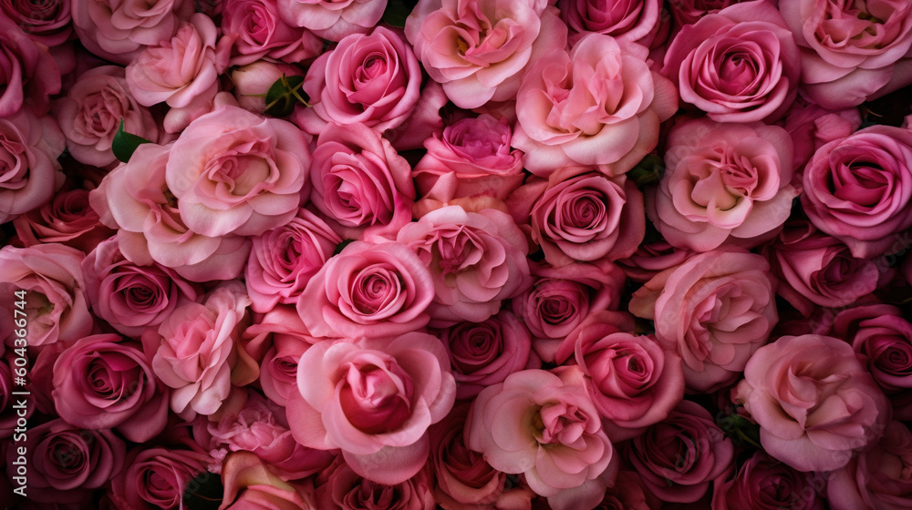 Pink roses flat lay wallpaper. AI
