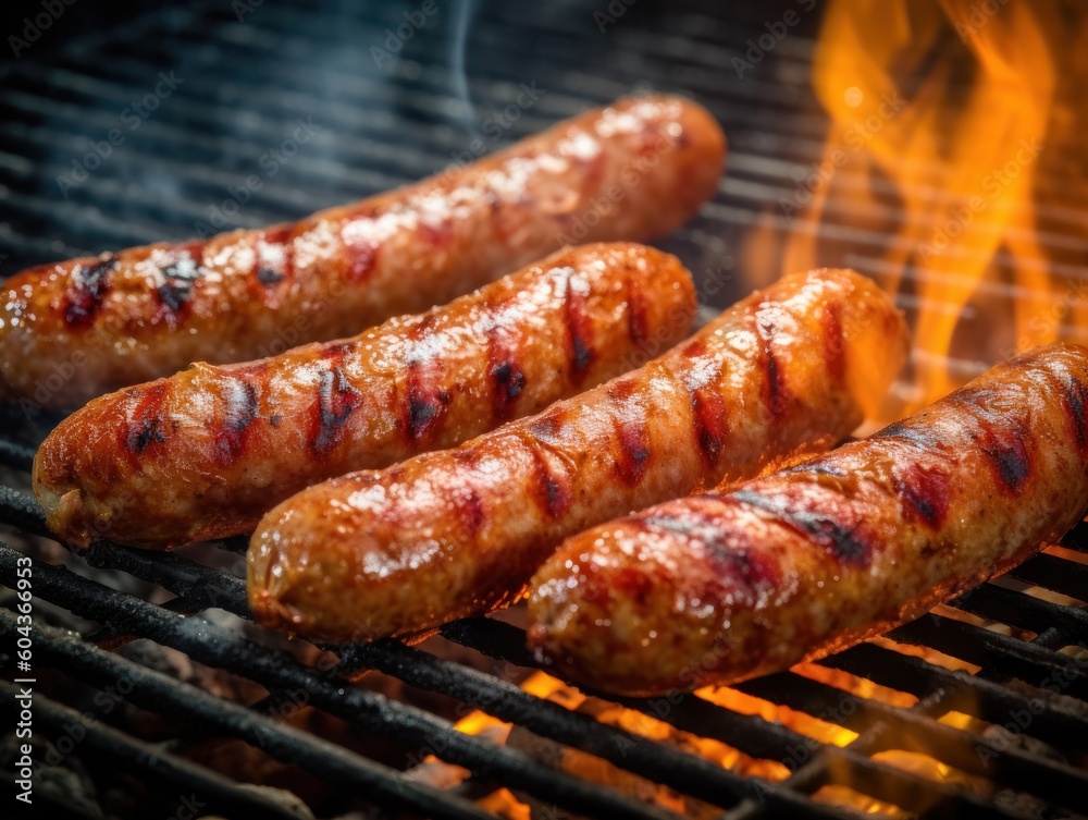 Grilled sausages food grilling. Generative AI Grilled sausages food grilling. Generative AI