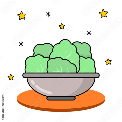 Fresh lettuce salad bowl flat cartoon icon for restaurant, buffet, diet, healthy food, grocery store. Vegetables, green food, greenery, tropical eating. Vector with editable colors and stroke.