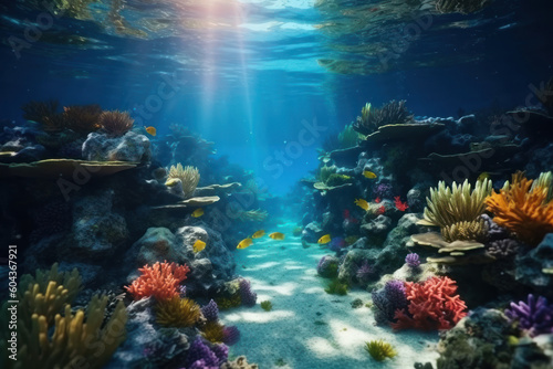 Under blue sea and colorful coral background. Summer and environment concept. Generative ai.