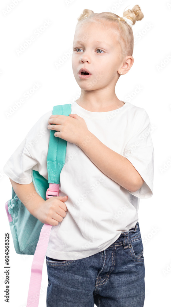 Elementary school girl looking surprised with opened mouth, holding backpack, child with blond hair and messy buns, dressed in white t-shirt looking sideways isolated Elementary school girl looking surprised with opened mouth, holding backpack, child with blond hair and messy buns, dressed in white t-shirt looking sideways isolated