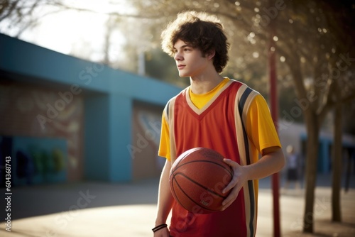 Male Caucasian teenager playing basketball driveway activity. Generative AI AIG23.