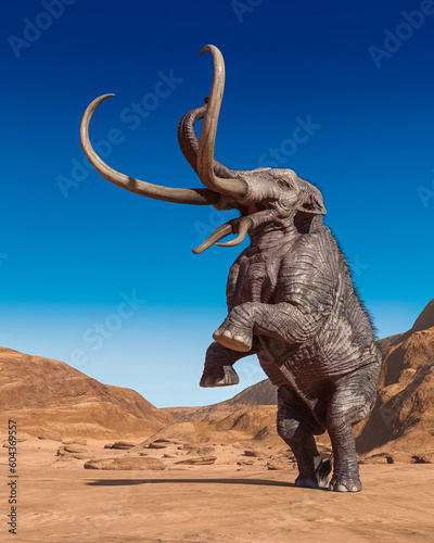 colossadon mammoth is prancing up on the dry desert in cool view