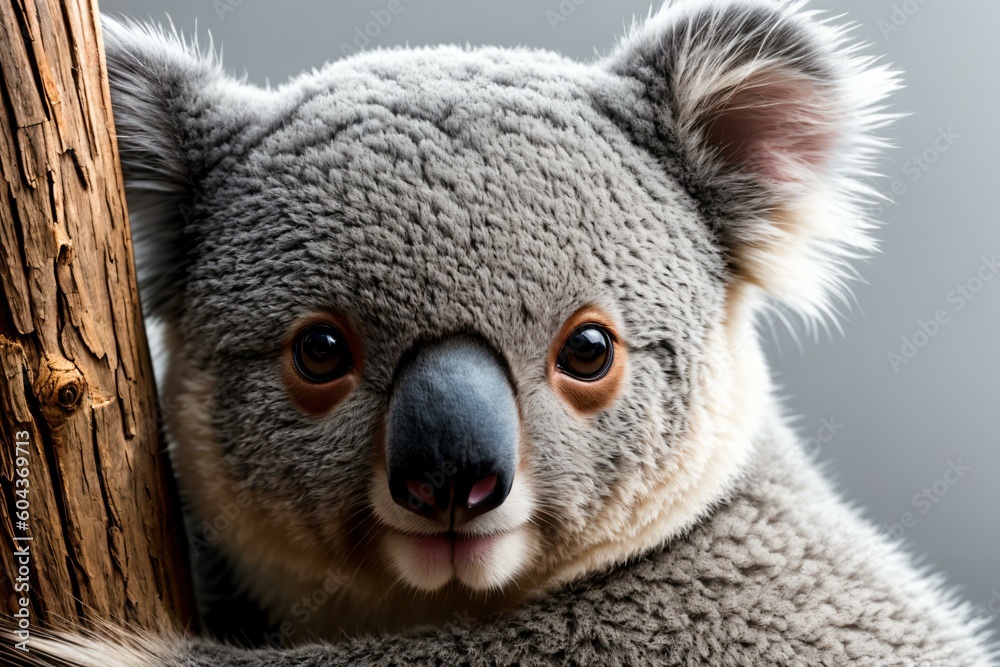 Adorable Koala Bear Making Eye Contact on Black Background. AI Generated.