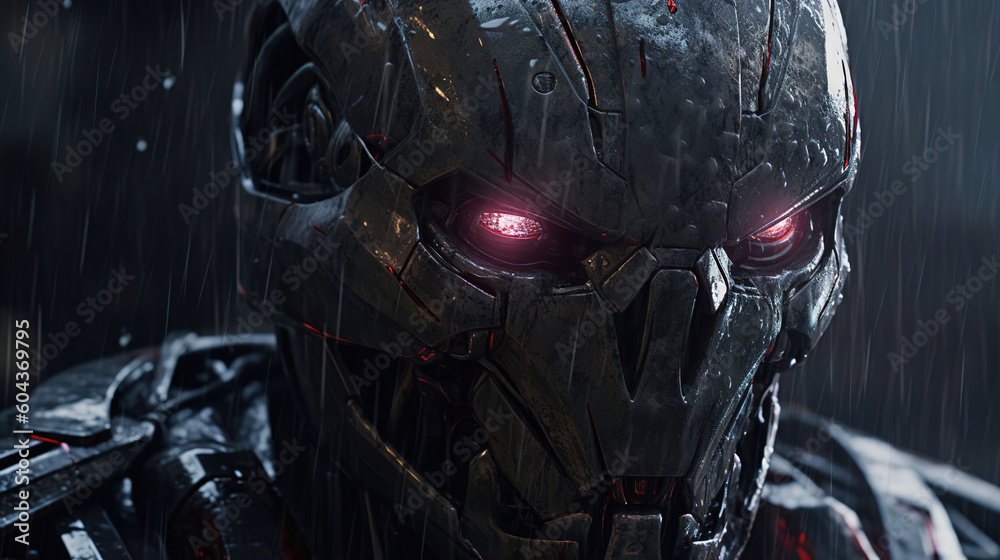 cyborg face angry expression with red glowing eyes. Generative Ai cyborg face angry expression with red glowing eyes. Generative Ai